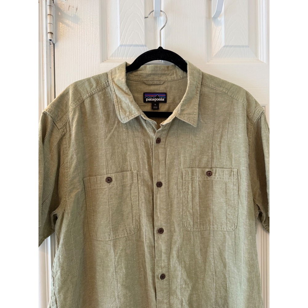 Patagonia Back Step Shirt XL Hemp Organic Cotton Green Textured Stripe Mens - Picture 5 of 7